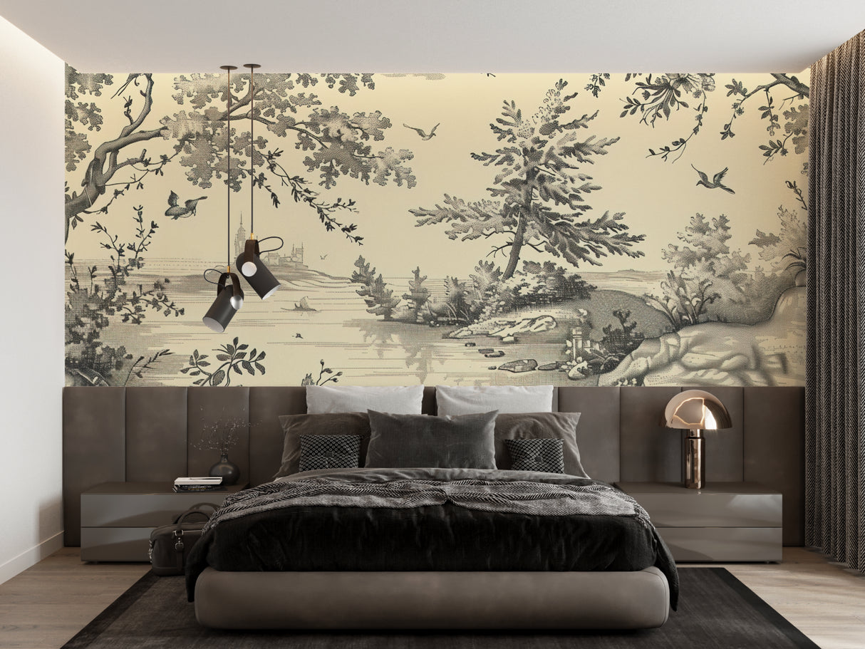 Classic Toile wallpaper bringing character to a home office space