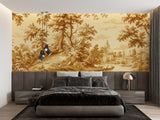 French vintage wallpaper with golden landscape scene brightening a cozy dining room