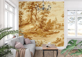 Classic French wallpaper design transforming an entryway with golden hues