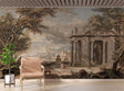 Classic Italian architecture wallpaper in an elegant dining room with warm lighting