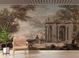 Classic Italian architecture wallpaper in an elegant dining room with warm lighting