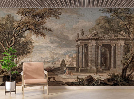 Classic Italian architecture wallpaper in an elegant dining room with warm lighting