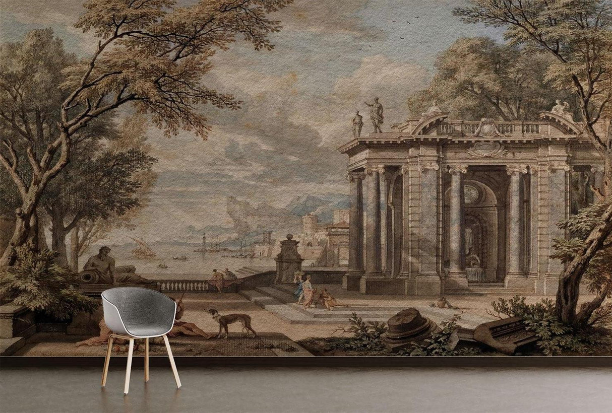 Vintage architectural mural creating depth in a modern living room