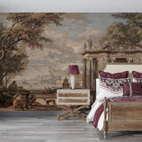 Italian classical scene wallpaper in a home office setting