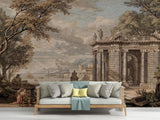 Renaissance style mural wallpaper in a hotel lobby