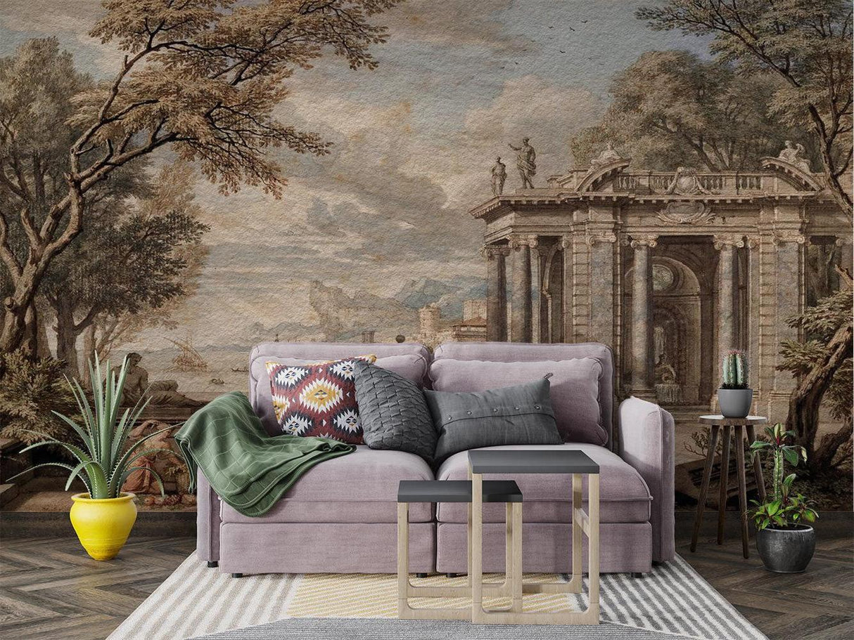 Classic architecture wallpaper bringing character to an entryway