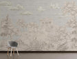 Mediterranean landscape wallpaper in elegant living room with neutral furniture and natural light