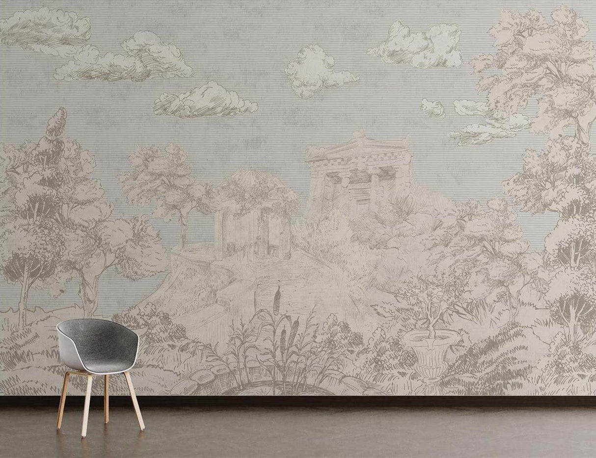 Mediterranean landscape wallpaper in elegant living room with neutral furniture and natural light