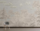 Mediterranean landscape wallpaper in elegant living room with neutral furniture and natural light