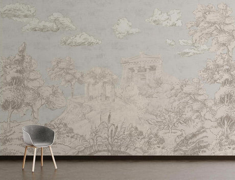 Mediterranean landscape wallpaper in elegant living room with neutral furniture and natural light