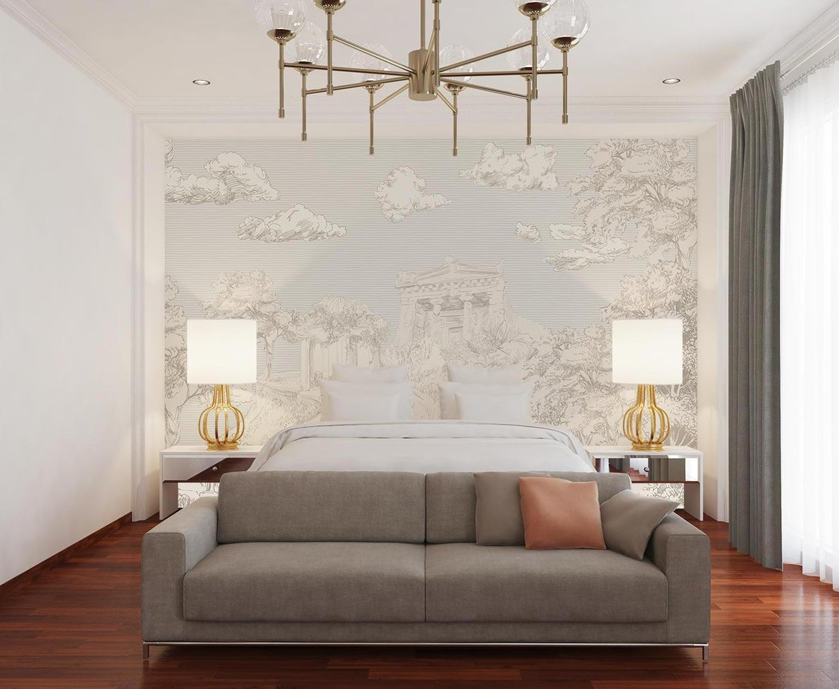 Classical Mediterranean mural creating depth in modern dining room setting