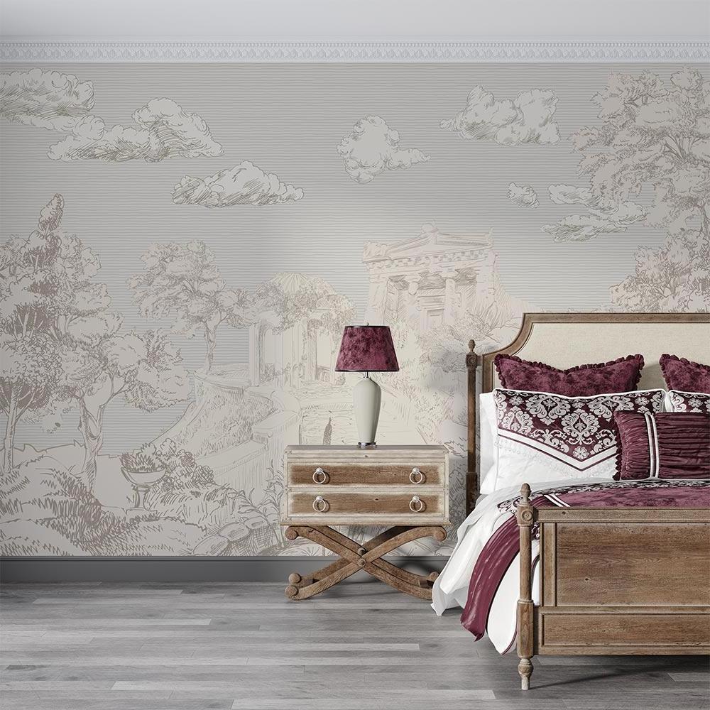 Vintage Mediterranean wallpaper in bright home office with minimal decor