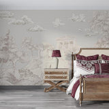 Vintage Mediterranean wallpaper in bright home office with minimal decor
