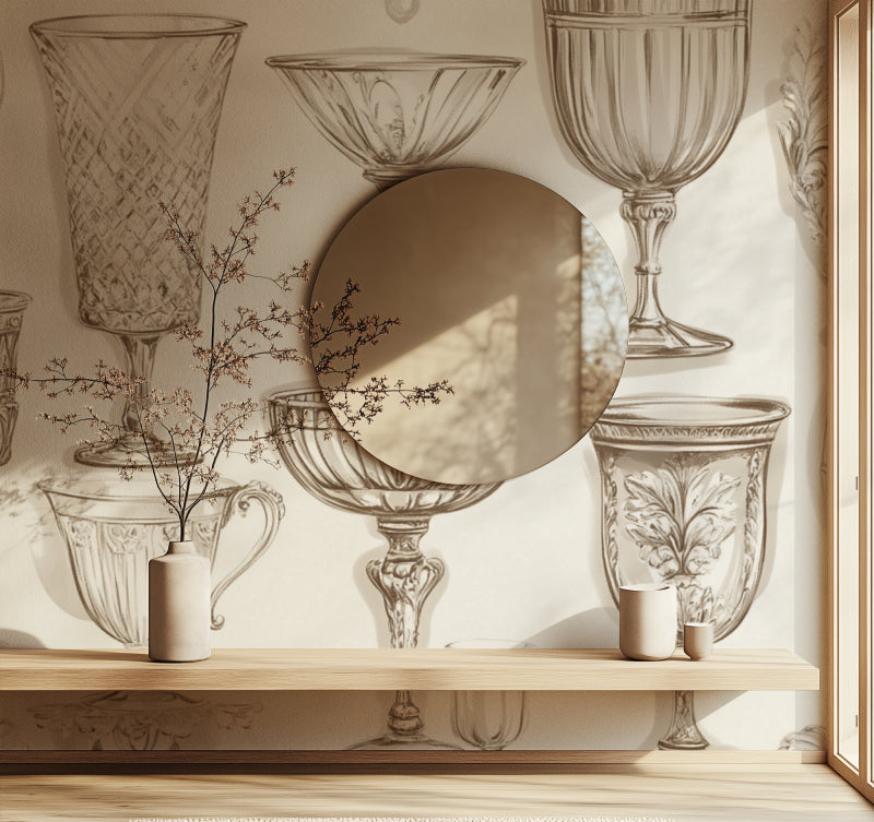 Vintage crystal glassware wallpaper in an elegant dining room with modern furniture