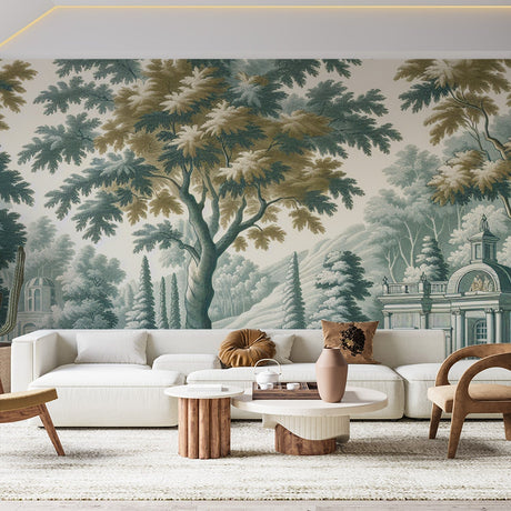 French toile de jouy wallpaper in an elegant dining room, showing pastoral garden scene in teal and beige tones