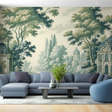 French Toile de Jouy wallpaper in a bright dining room with antique furniture and crystal chandelier