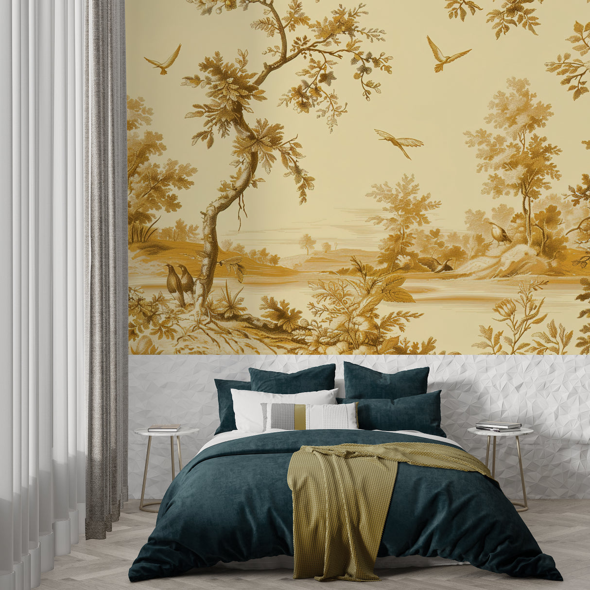 French toile wallpaper creating an elegant feature wall in home office
