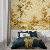 French toile wallpaper creating an elegant feature wall in home office