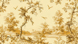 Design file showing detailed gold birds and pastoral scenes pattern on cream background