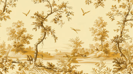 Design file showing detailed gold birds and pastoral scenes pattern on cream background