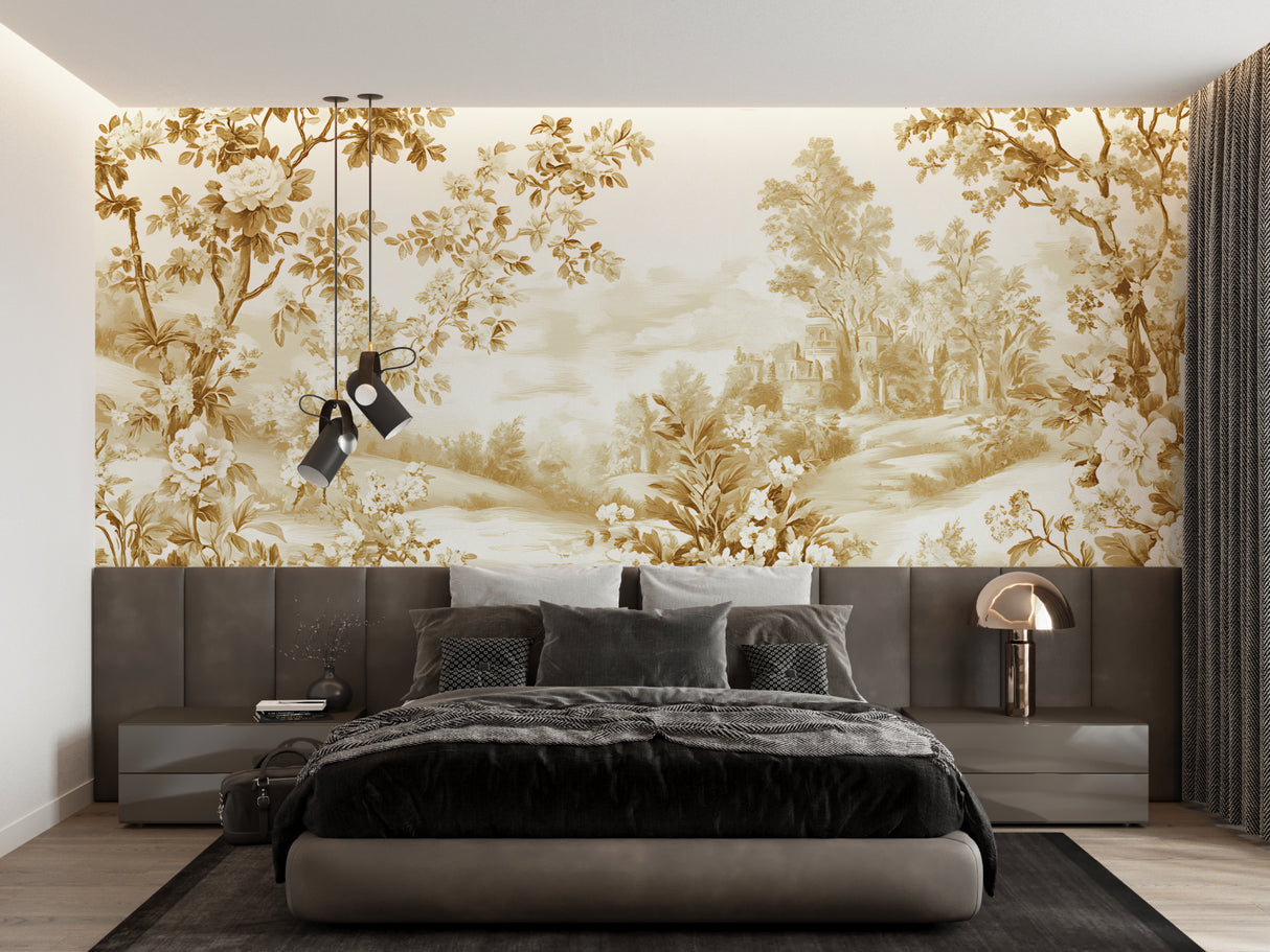 Vintage Toile wallpaper creating charm in a classic dining room with crystal chandelier