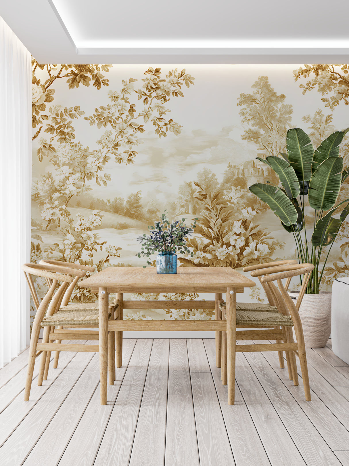 Golden landscape Toile wallpaper in hallway with wainscoting and vintage mirror