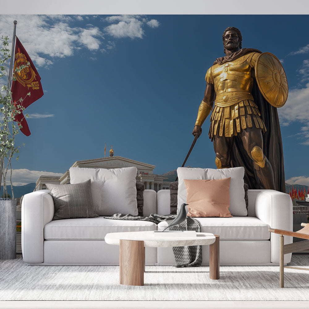 Golden Warrior Monument wallpaper in a grand living room, showing classical architecture and bronze statue against blue sky