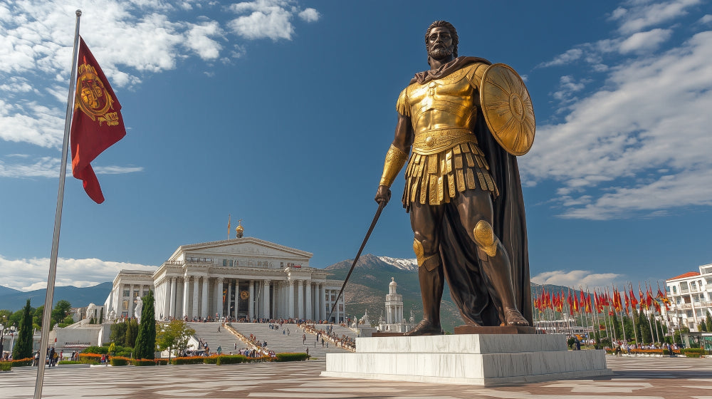 Golden Warrior Monument design file showing detailed classical architecture and bronze statue pattern