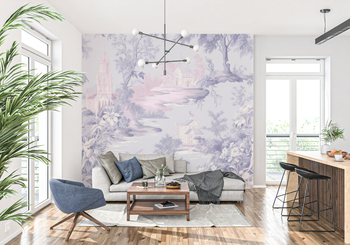 Vintage Toile de Jouy mural in cozy reading nook setting