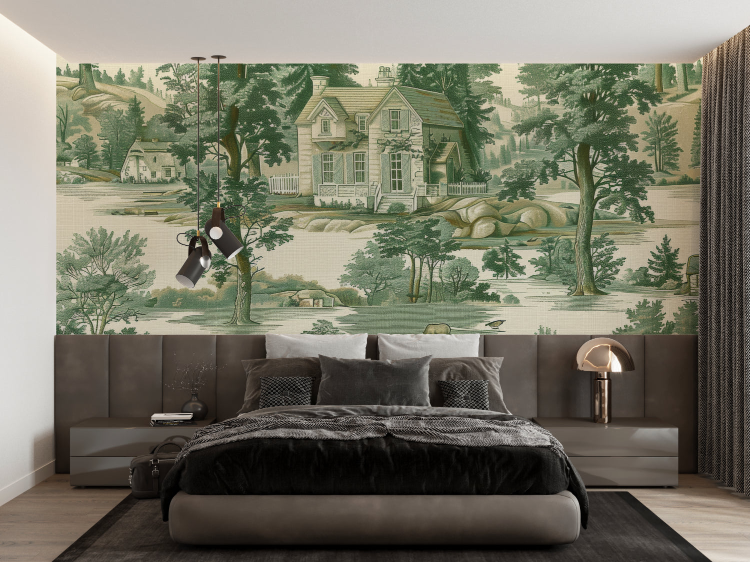 Green Toile de Jouy wallpaper in elegant dining room, French countryside mural adds classic charm