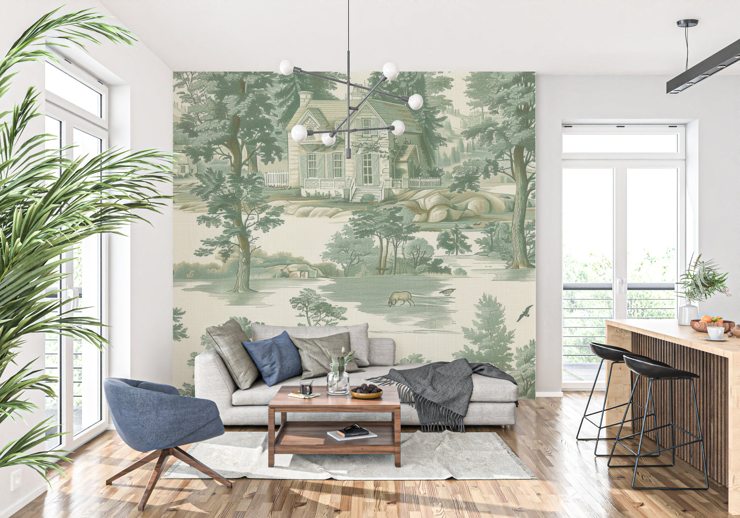 Pastoral toile wallpaper creating cozy reading nook in living room
