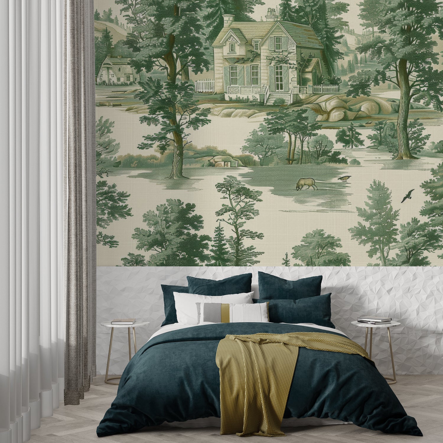 Vintage green toile mural in modern bedroom setting