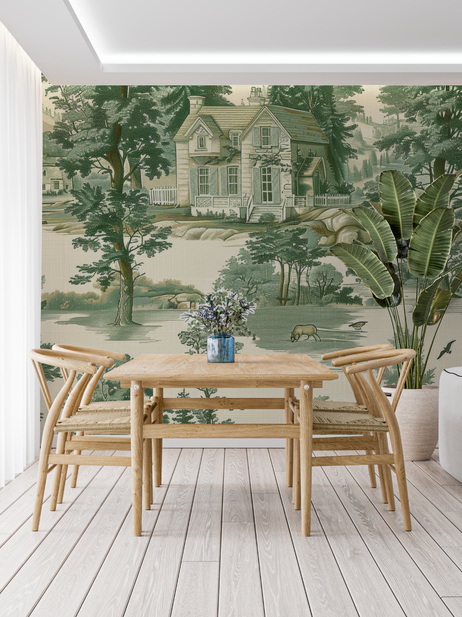 French countryside wallpaper transforming hallway with sage green toile pattern