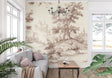 Vintage Toile de Jouy wallpaper in an elegant dining room, showing pastoral scenes in soft beige tones