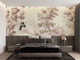 French pastoral wallpaper creating a sophisticated atmosphere in a living room setting