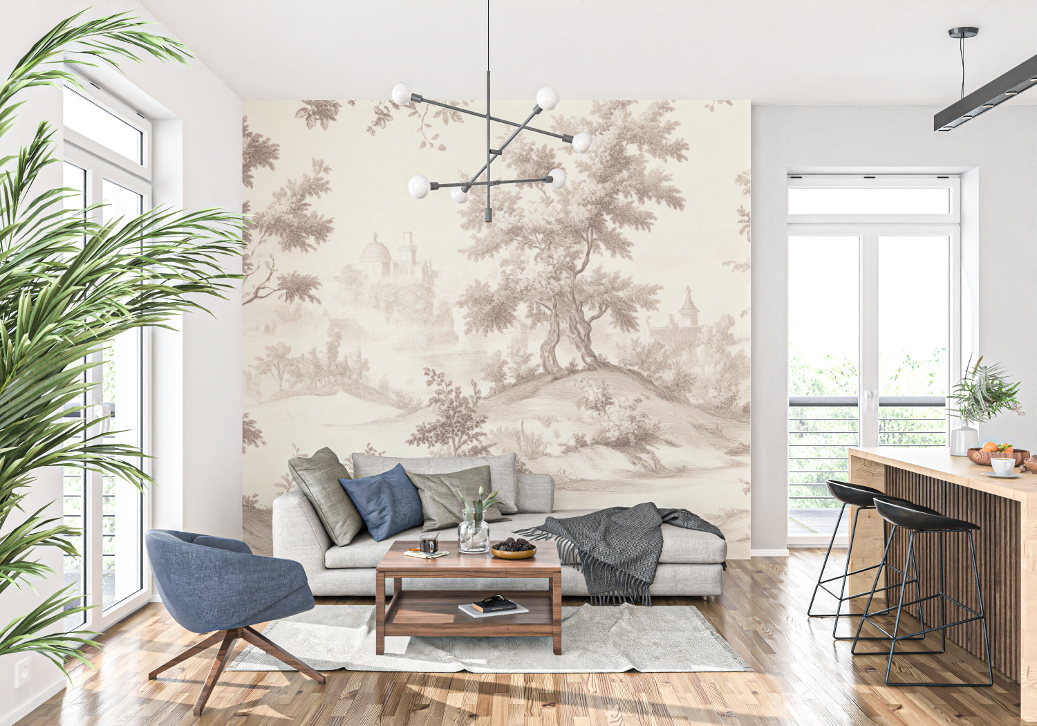 Vintage pastoral wallpaper bringing charm to a home office space