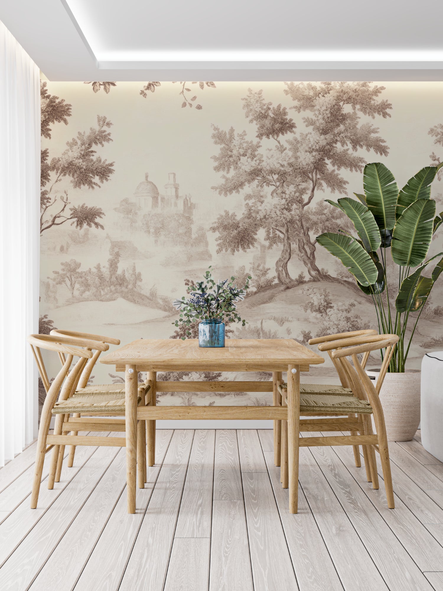 Toile de Jouy wall mural showcasing detailed pastoral scenes in an entryway