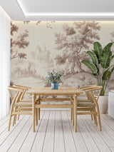 Toile de Jouy wall mural showcasing detailed pastoral scenes in an entryway