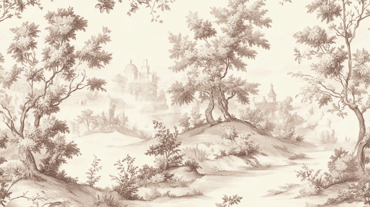 Design file of Toile de Jouy pastoral scene with intricate countryside details and architectural elements