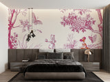 Pink Toile de Jouy wallpaper in bright modern bedroom, showing garden scene pattern with butterflies