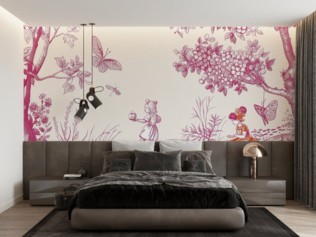 Pink Toile de Jouy wallpaper in bright modern bedroom, showing garden scene pattern with butterflies