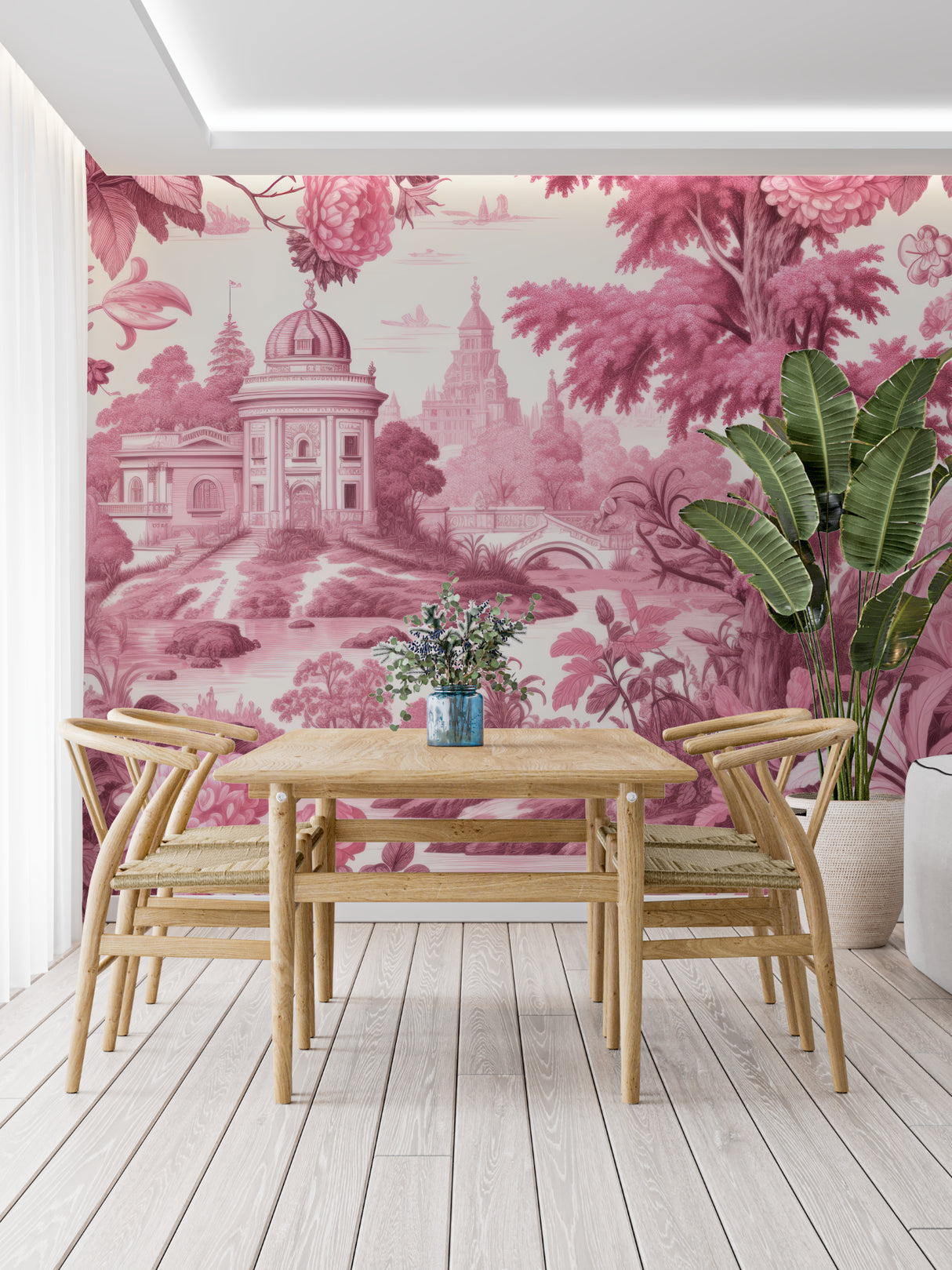 French palace wallpaper mural creating soft pink accent wall in master bedroom
