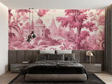 Pink vintage toile wallpaper adding charm to reading nook with window seat