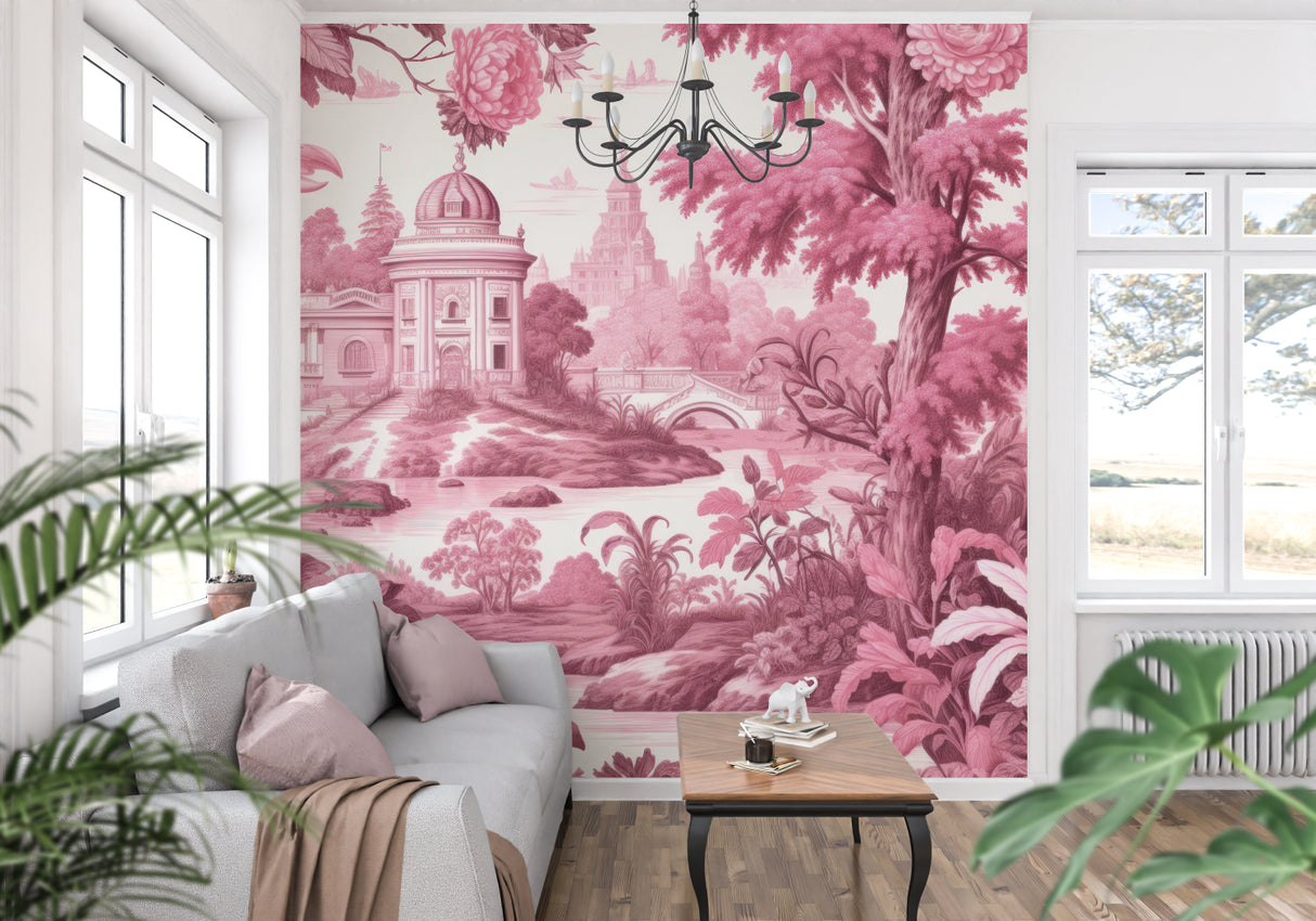 French palace mural wallpaper transforming girl's bedroom into royal retreat