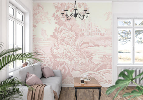 Pink Toile de Jouy wallpaper in an elegant dining room showing pastoral scenes and architectural details