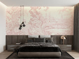 French toile pattern wallpaper creating a soft pink backdrop in a master bedroom