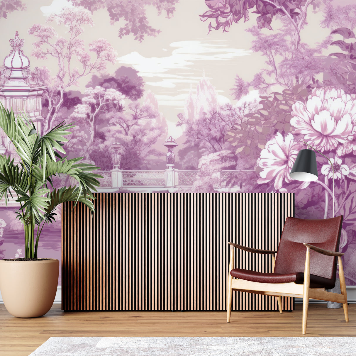 Purple garden scene wallpaper transforming home office with classic French style