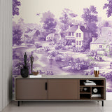Purple vintage village mural wallpaper creating a cozy atmosphere in a modern living room