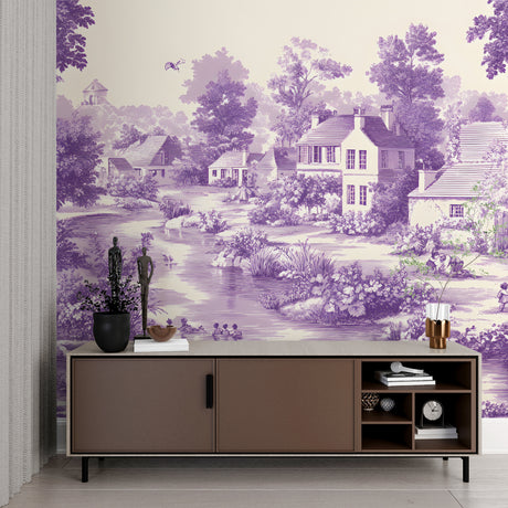 Purple vintage village mural wallpaper creating a cozy atmosphere in a modern living room