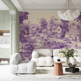 Purple village scene mural bringing character to a dining room setting